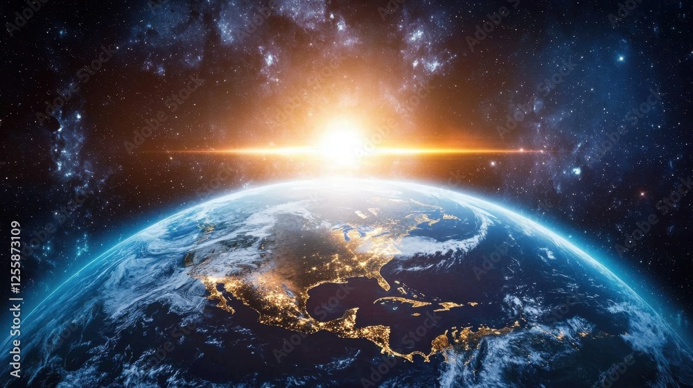 Obraz premium A vibrant, glowing Earth shining in the darkness of space, with ample text space.