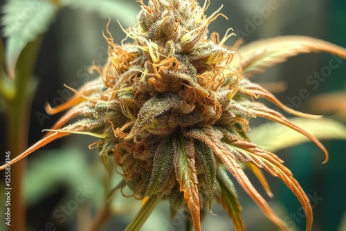 Close-up view of a mature cannabis flower showcasing vibrant trichomes and natural colors during the cultivation process in a controlled environment photo