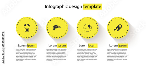 Set Box flying on parachute, Ray gun, Planet and Comet falling down fast. Business infographic template. Vector