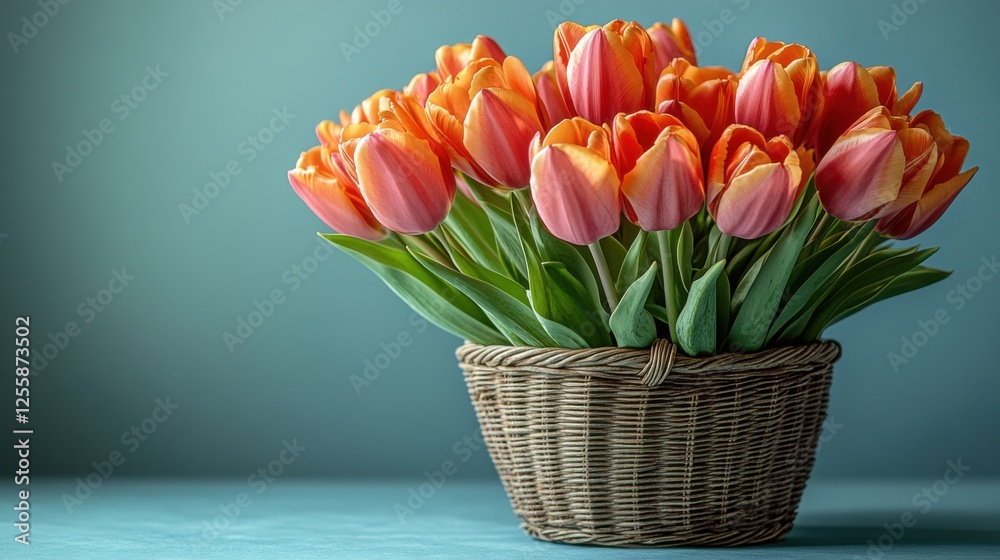 Obraz premium Vibrant tulips in a woven basket adorn a serene blue background, creating a stunning floral display perfect for any setting