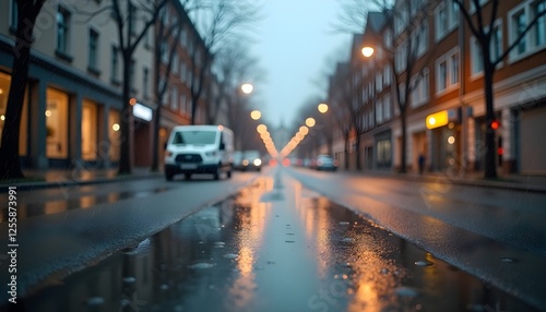 Empty wet street reflecting city lights on rainy evening