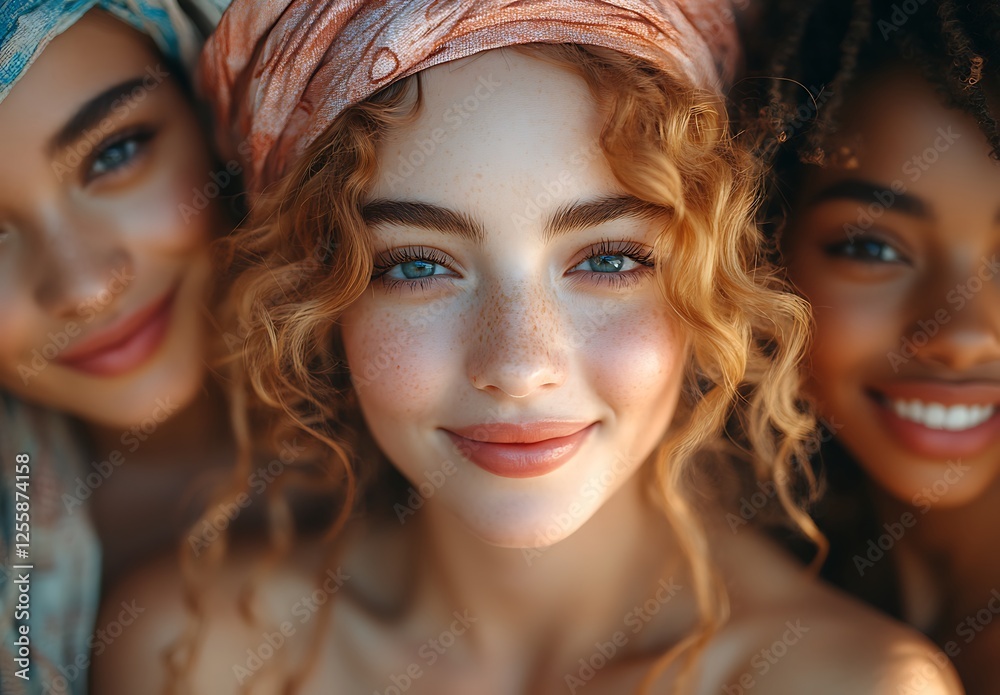 Obraz premium Close-Up of Vibrant Wavy Hair with Colorful Headwrap