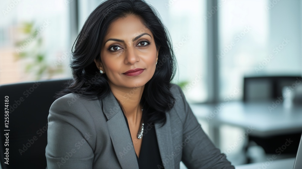 Confident businesswoman in a gray blazer sitting in a modern office with a professional expression. Concept of leadership, corporate success, and career growth. Confident businesswoman in a gray blazer sitting in a modern office with a professional expression. Concept of leadership, corporate success, and career growth.