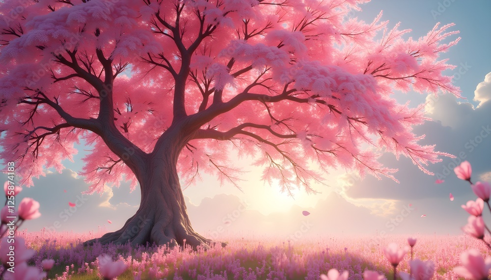 Obraz premium Blooming cherry blossom tree at sunrise