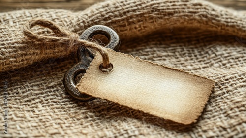Antique key wind-up on burlap, blank tag, wood background, vintage design