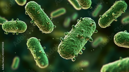 Microscopic view of bacteria showcasing vibrant green color and protruding structures in a nutrient-rich environment interacting in real-time