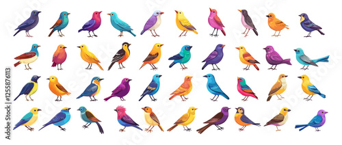 Small birds cartoon vector set. Sparrow starling swallow feathers tails wings beaks soaring tit flying forest wildlife animals, isolated illustrations on white background