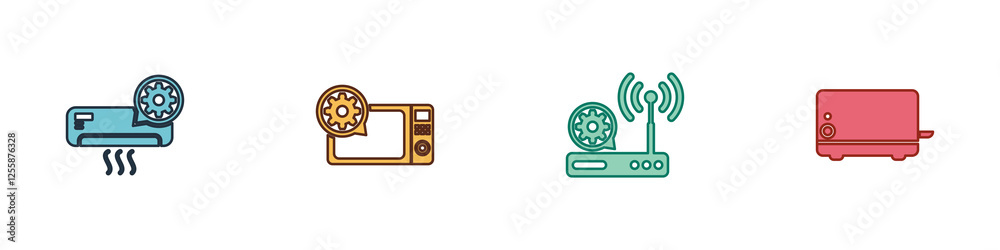Set Air conditioner setting, Microwave oven, Router and wi-fi and Toaster icon. Vector Set Air conditioner setting, Microwave oven, Router and wi-fi and Toaster icon. Vector