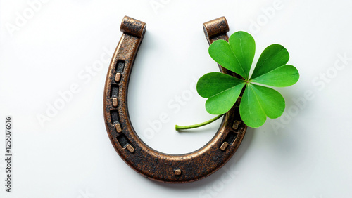 Rustic Horseshoe with Lucky Clover: 3D Illustration for Luck-themed Marketing, Equestrian Branding, and Gift Shop Promotions