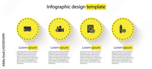Set Toaster, Video camera setting, Washer and USB flash drive. Business infographic template. Vector