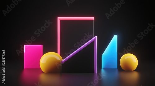 A surreal composition of floating geometric shapes in vibrant neon colors against a black background