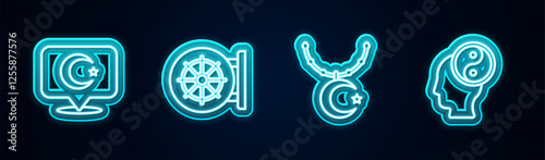 Set line Star and crescent, Dharma wheel, on chain and Yin Yang. Glowing neon icon. Vector