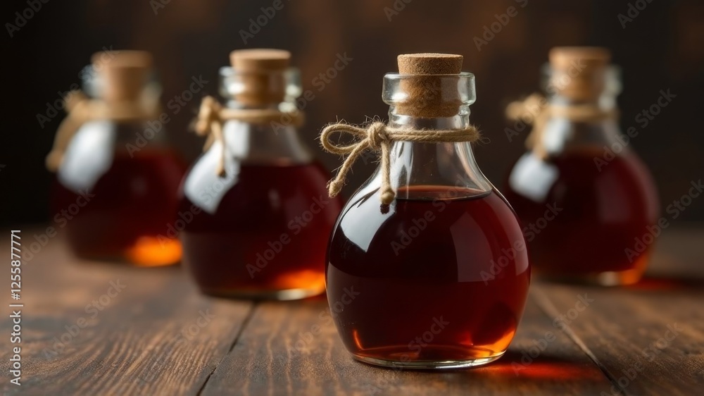 many elixirs on a wooden table in glass flasks many elixirs on a wooden table in glass flasks