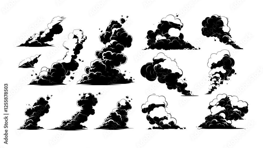 Fototapeta premium Smoke clouds black ink sketch vector set. Vapor foggy wisps plumes, mist trails steam haze drifting smoky fog gray swirls fumes, monochrome isolated illustrations on white background
