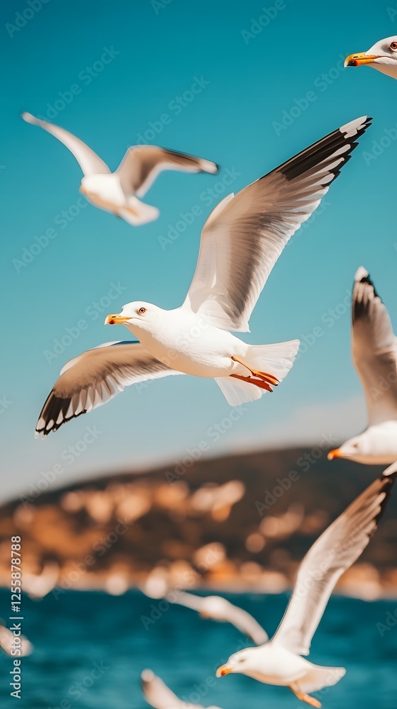 Obraz premium A captivating image of a flock of seagulls soaring and gliding effortlessly through the air over a serene coastal landscape with the vast ocean and distant horizon providing a stunning backdrop