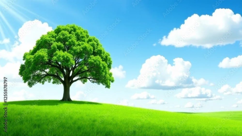 one green tree on green grass with blue sky one green tree on green grass with blue sky