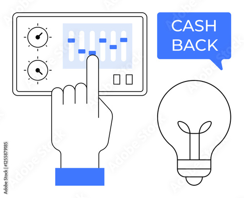 Hand adjusting settings on a control panel with dials and sliders, Cashback notification in speech bubble, light bulb. Ideal for financial management, smart technology, energy savings, user control
