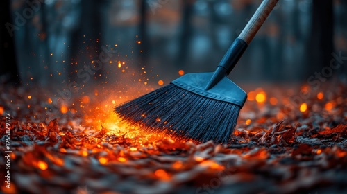 Autumn forest fire cleanup; burning leaves swept