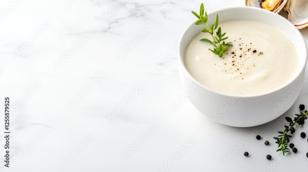 Creamy white soup in bowl, garnished with herbs Creamy white soup in bowl, garnished with herbs