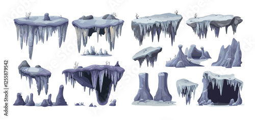 Stalactites cartoon vector set. Minerals rock dripstone calcite fragments formations, limestone deposits stalagmites cobblestones spikes cave, isolated illustrations on white background