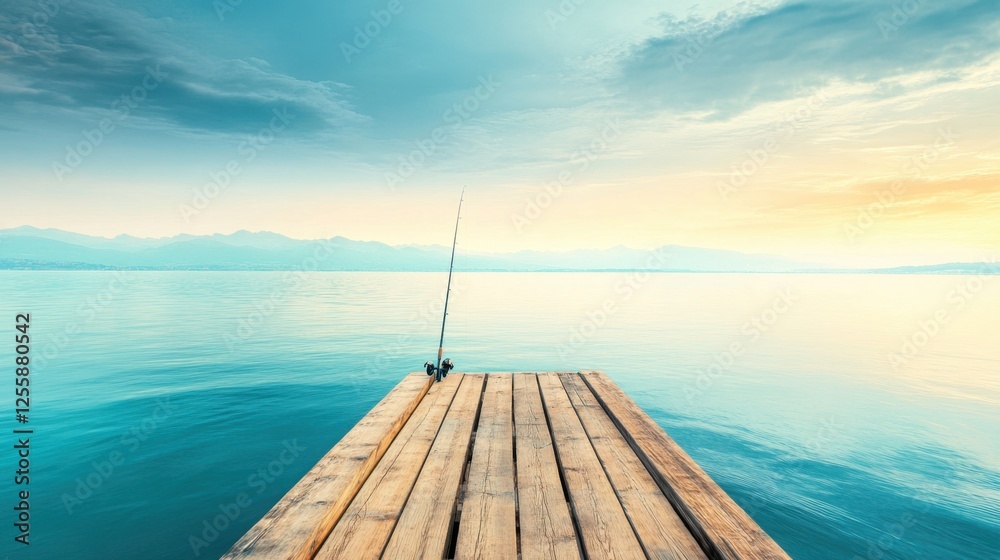 A wooden dock extending into a peaceful lake, with a lone fishing rod waiting for a bite. A wooden dock extending into a peaceful lake, with a lone fishing rod waiting for a bite.