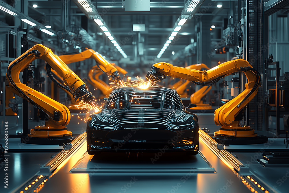 Obraz premium Advanced robotic arms welding a sleek black car in a high-tech automotive manufacturing facility with sparks flying