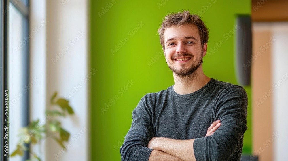 Fototapeta premium Confident startup founder, minimalistic green splash, clean space for ad