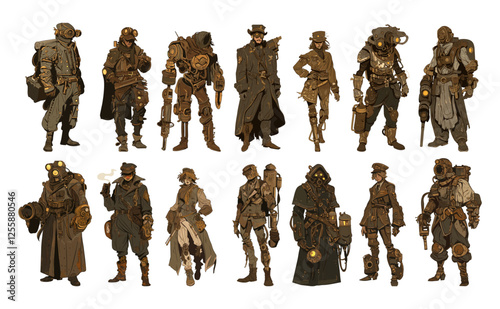 Steampunk characters cartoon vector set. Boots woman mans tubes android goggles gears, bandits smuggles cloak thugs criminal assassins victorian lords epoch persons, isolated illustrations