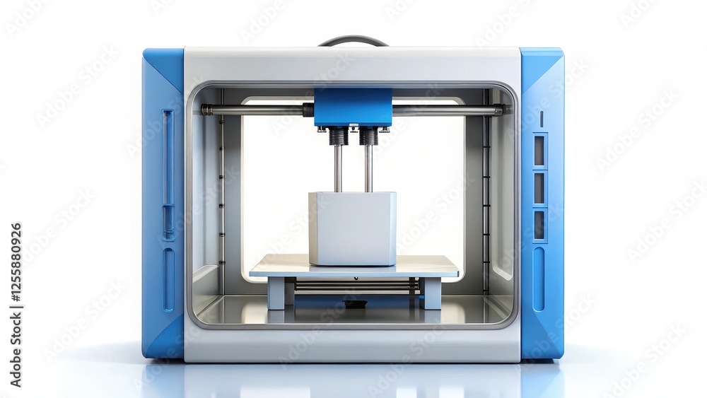 3D Printer Manufacturing a Cube on White Background
