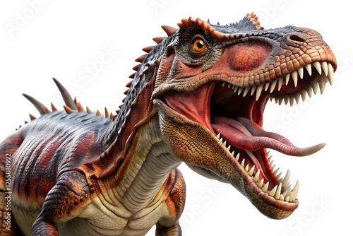 Roar of the Ages: A fearsome, detailed rendering of a theropod dinosaur, its mouth open in a terrifying roar, showcasing intricate scales and sharp teeth.