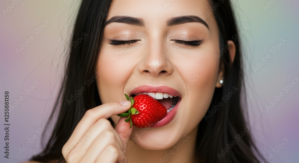 Young caucasian female savoring fresh strawberry with eyes closed Young caucasian female savoring fresh strawberry with eyes closed