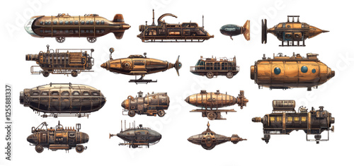 Steampunk vehicles cartoon vector set. Aircraft airships ships cars submarines, engines steam machines machinery retro victorian futuristic transport, isolated illustrations on white background