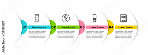 Set line Old hourglass, Speech bubbles with Question, USB flash drive and Graphic tablet. Business infographic template. Vector