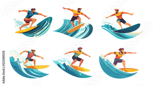 Surfers cartoon vector set. Surfing active pose man board gliding curly waves, marine sport rider oceanic sea surf chaser summer positive person character, isolated illustrations on white backdrop
