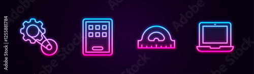 Set line Timing belt kit, Graphic tablet, Protractor grid and Laptop. Glowing neon icon. Vector