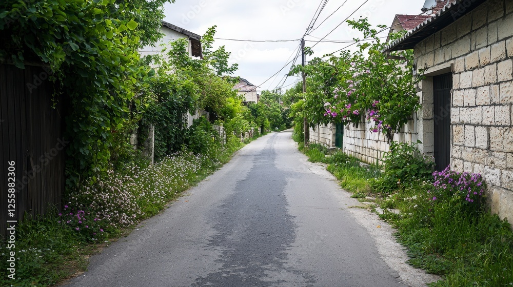 Charming rural street with overhanging vines serene village photography nature perspective tranquil scene Charming rural street with overhanging vines serene village photography nature perspective tranquil scene