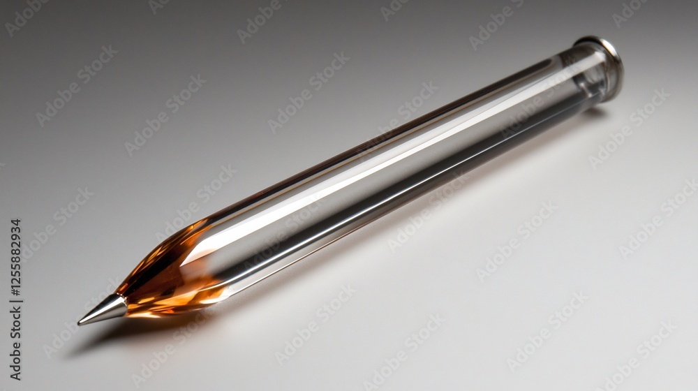 Transparent Glass Instrument With Amber Liquid On Gray Background Transparent Glass Instrument With Amber Liquid On Gray Background
