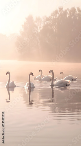Tranquil Swan Quintet Gliding Through Serene Lake at Sunrise with Reflective Waters