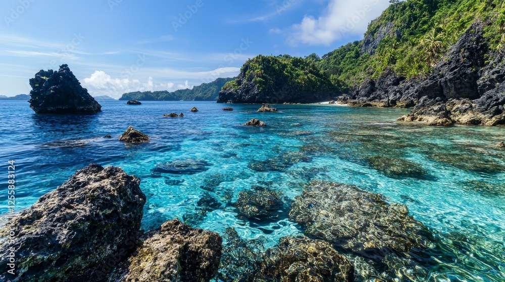 Fototapeta premium Stunning action of crystal-clear ocean with jagged islands tropical paradise nature photography serene viewpoint