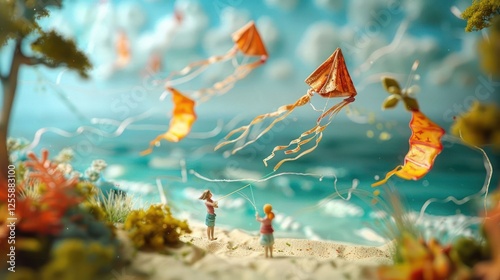 A whimsical scene of two children flying kites by the beach with vibrant colors and nature.