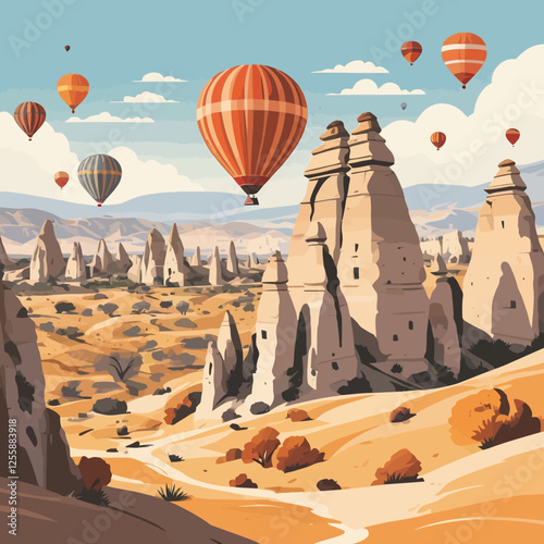Vector illustration. Türkiye, Cappadocia. Design for poster, banner, postcard. Tourism, travel.	
