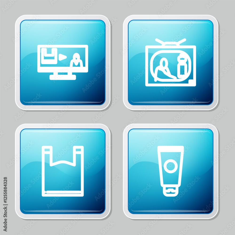 Set line Stop plastic pollution, , Plastic bag and Cream cosmetic tube icon. Vector Set line Stop plastic pollution, , Plastic bag and Cream cosmetic tube icon. Vector