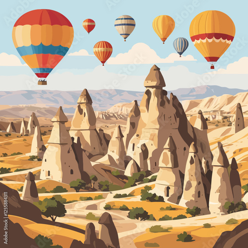 Vector illustration. Türkiye, Cappadocia. Design for poster, banner, postcard. Tourism, travel.	
