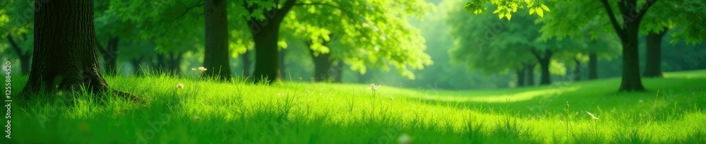 Obraz premium Emerald grass sways under the branches of towering trees, landscape, soft focus, peaceful