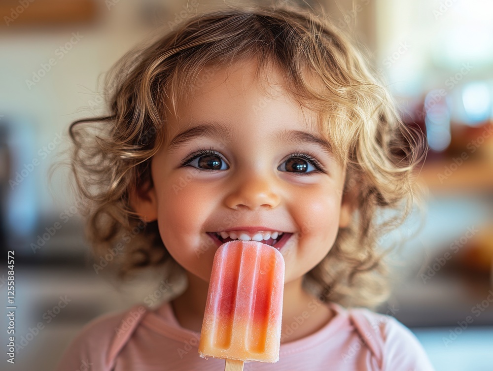 Child enjoys a colorful popsicle in a bright kitchen during a sunny day, showcasing joy with a big smile while savoring the treat Child enjoys a colorful popsicle in a bright kitchen during a sunny day, showcasing joy with a big smile while savoring the treat