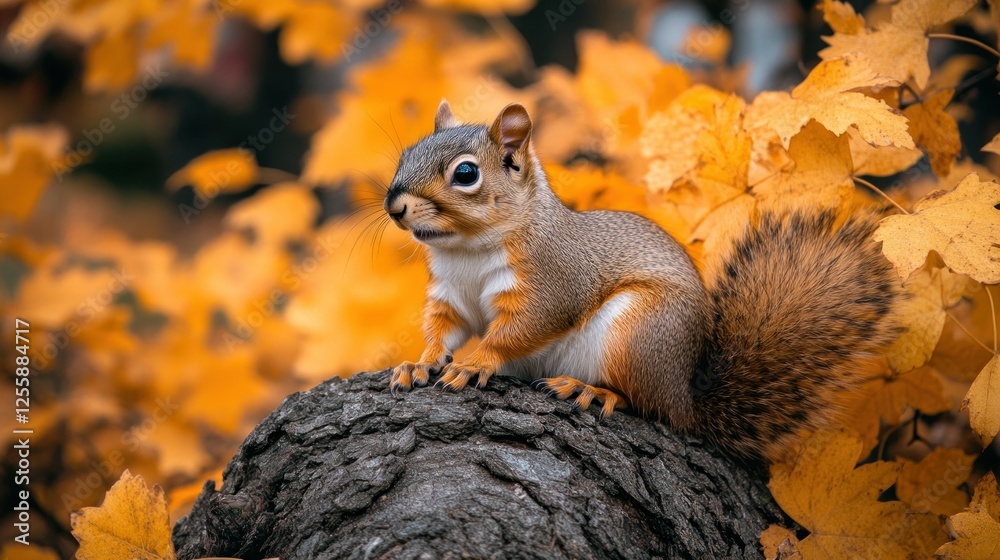 Obraz premium Autumn Squirrel Park Tree Stump Fall Leaves Nature