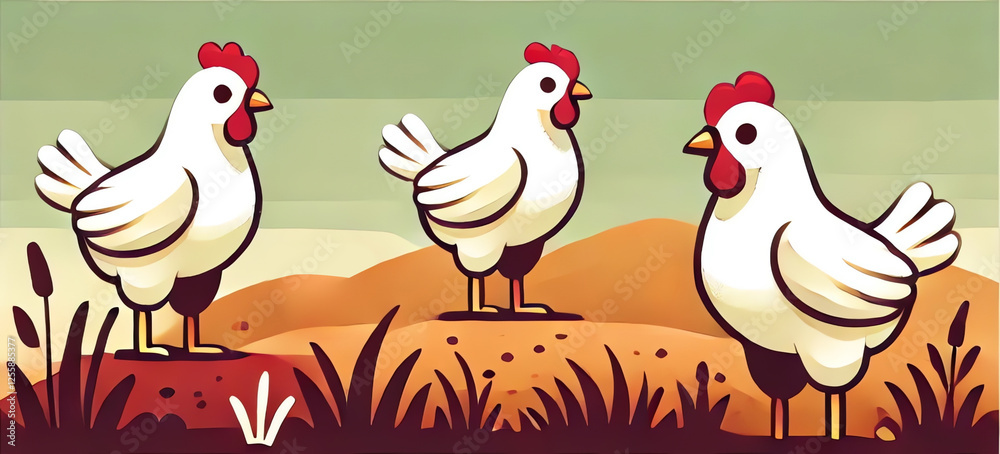 An illustration of white chickens with red combs and wattles, standing on reddish-brown ground in a farm-like environment An illustration of white chickens with red combs and wattles, standing on reddish-brown ground in a farm-like environment