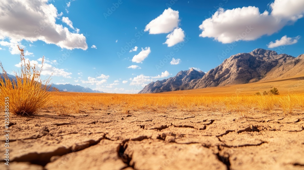Fototapeta premium Arid landscape with cracked earth and mountains under bright blue sky, featuring sparse vegetation
