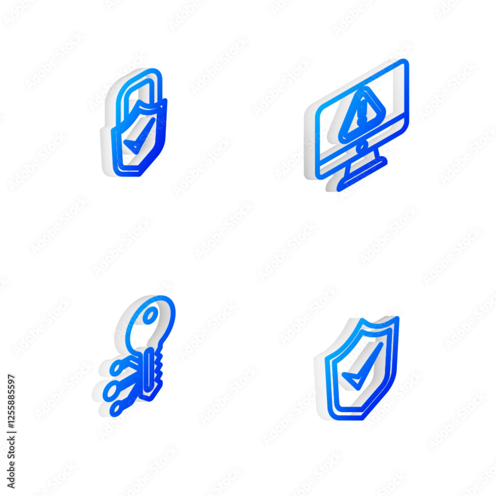 Set Isometric line Monitor with exclamation mark, Lock and check, Cryptocurrency key and Shield icon. Vector Set Isometric line Monitor with exclamation mark, Lock and check, Cryptocurrency key and Shield icon. Vector