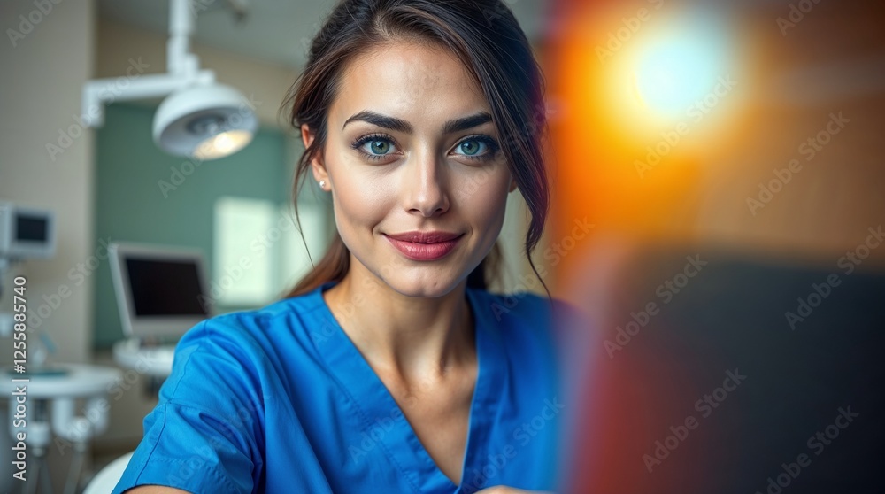 Fototapeta premium Close-up portrait of a confident female dentist with expressive eyes and fair skin, wearing blue scrubs, working on a laptop.